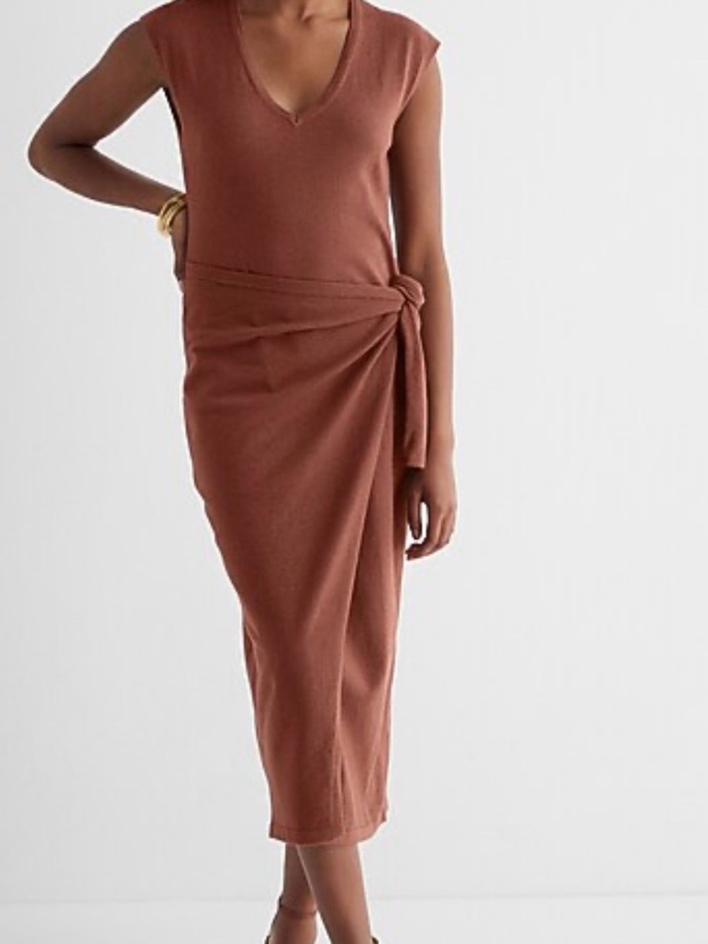 Express Rust Knot-Detail V-Neck Midi Dress